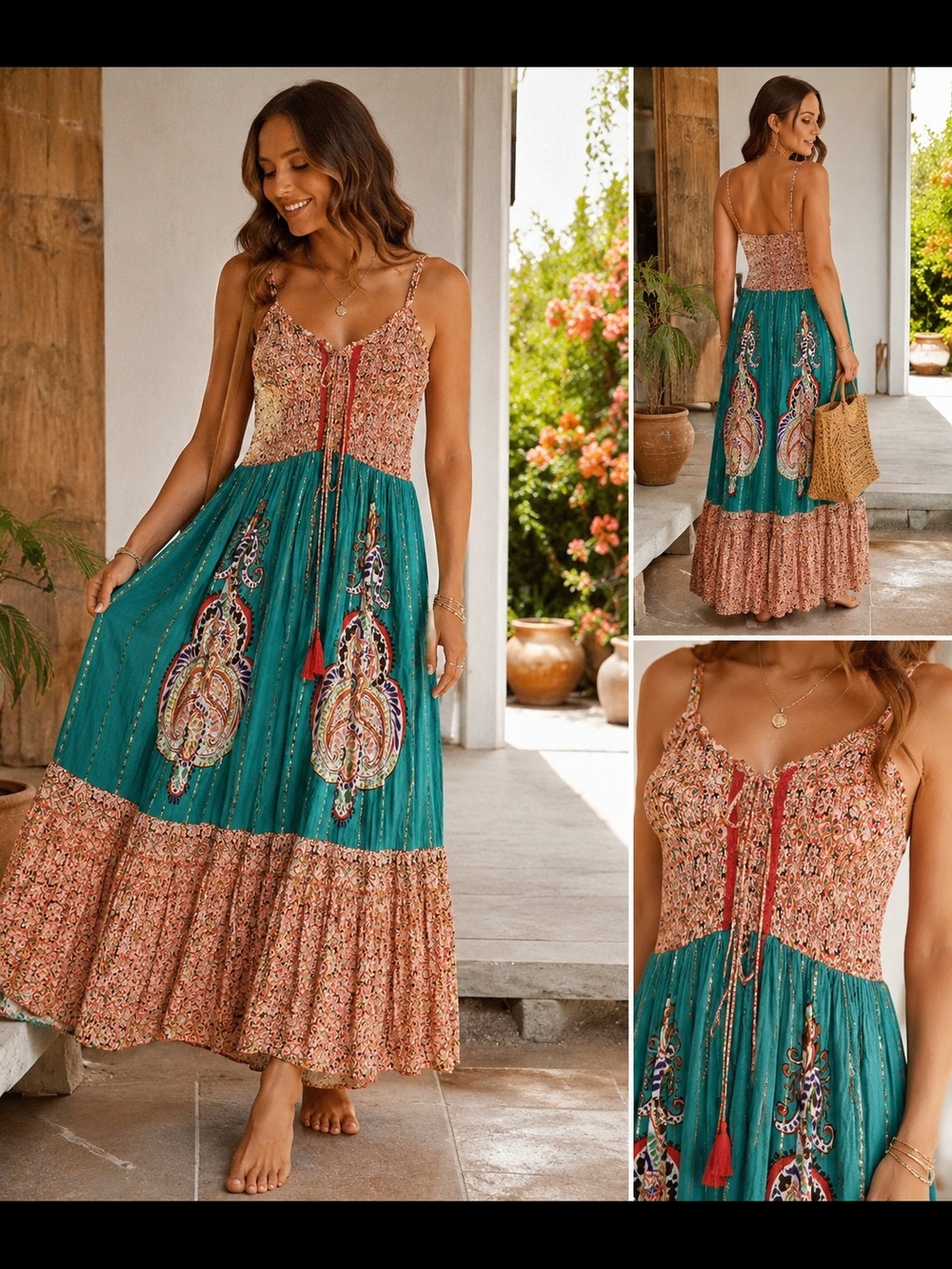 NWT Me & Magic Boho Festival Maxi Dress Teal Paisley Smocked Cottagecore
